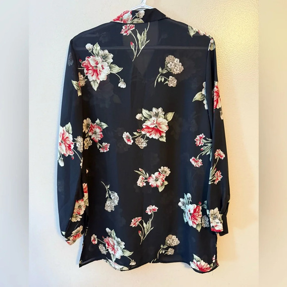 Vintage Womens Floral Iridescent Pearl Button Up Tunic Top Black Red White Sheer - Picture 2 of 5